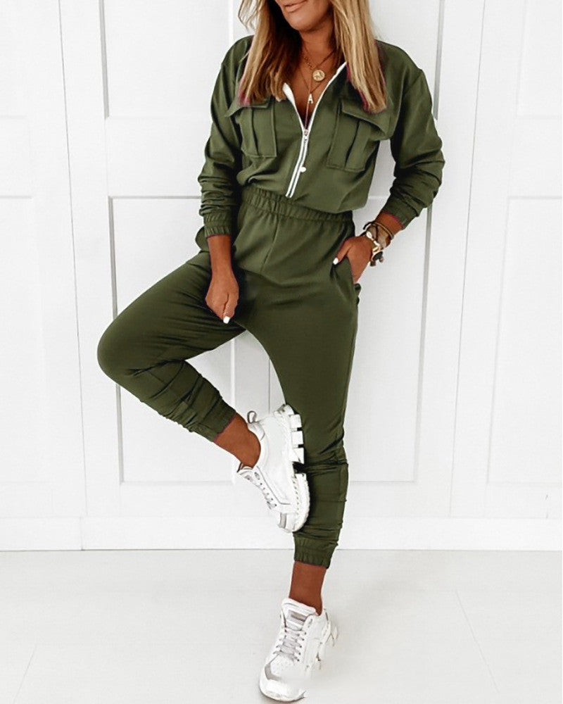 Army Green Zip Solid Ladies Jumpsuit