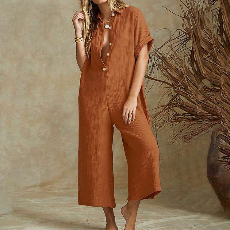 Casual Loose Long Jumpsuit Short Sleeve Rompers